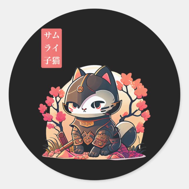 Sticker Rond Chat rétro Kawaii Samurai avec cerisier en fleurs (Devant)