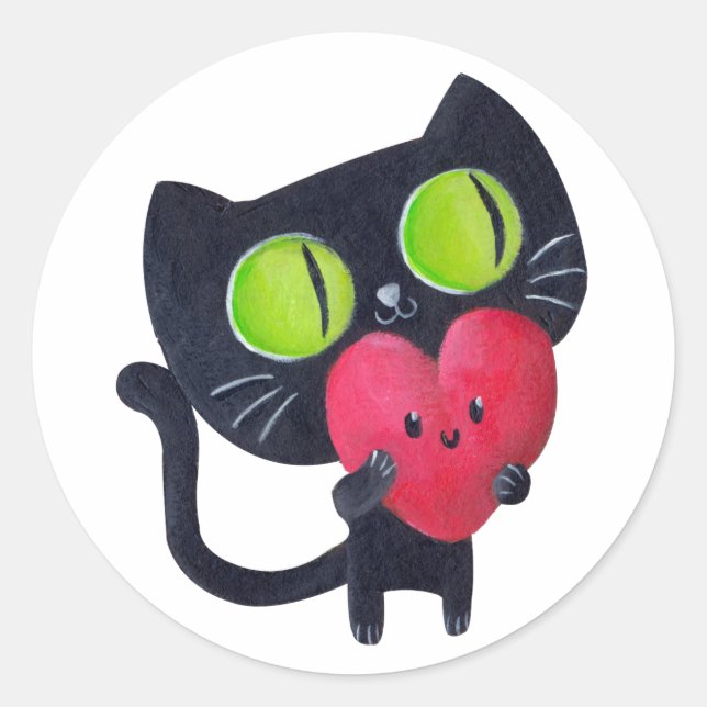 Sticker Rond Chat romantique embrassant Red Cute Heart (Devant)