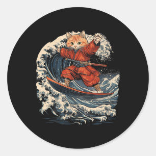 Sticker Rond Chat Samouraï Surfant Grande Vague Ronin Katana