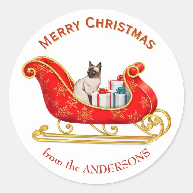 Sticker Rond Chat siamois de traîneau de Noël (Devant)