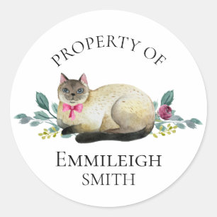 Sticker Rond Chat siamois floral propriété de l'ex-libris