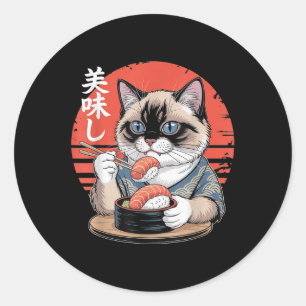 Sticker Rond Chat siamois japonais mangeant des sushis Kawaii A