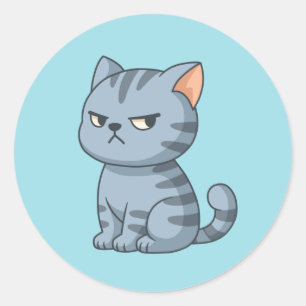 Sticker Rond Chat tabby gris grincheux sur fond bleu