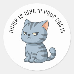 Sticker Rond Chat tabby gris grincheux Texte personnalisé