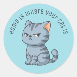 Sticker Rond Chat tabby gris grincheux Texte personnalisé Bleu