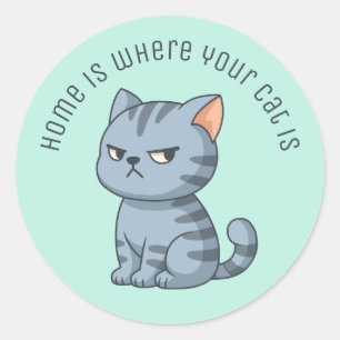 Sticker Rond Chat tabby gris grincheux Texte personnalisé Vert
