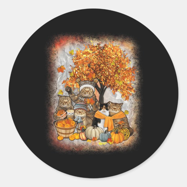 Sticker Rond Chat Thanksgiving Citrouille Automne Halloween Cha (Devant)