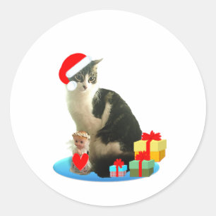 Sticker Rond chat tigré de Noël et joli petit ange