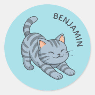 Sticker Rond Chat tigré gris étiré avec nom personnalisé bleu