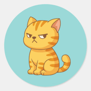 Sticker Rond Chat tigré orange grincheux sur fond vert