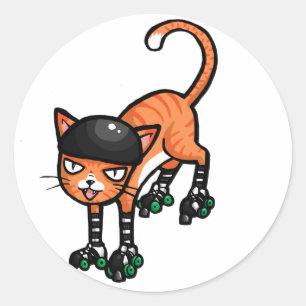 Sticker Rond Chat tigré orange sur des rollerskates