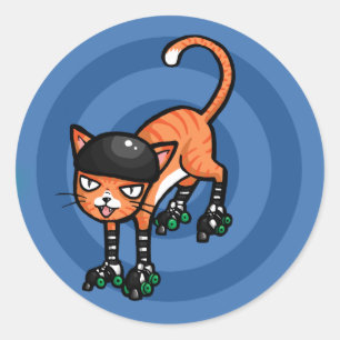 Sticker Rond Chat tigré orange sur des rollerskates