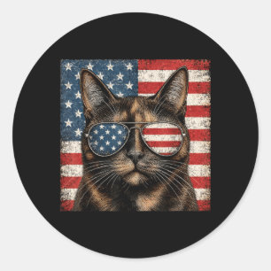 Sticker Rond Chat Tortue 14 Juillet Drapeau Américain