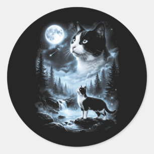 Sticker Rond Chat Tuxedo Hurleur à la Lune Rétro 90