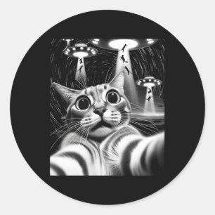 Sticker Rond Chat Ufo Invasion _ Drôle Chat Mème Rétro Alien Ch