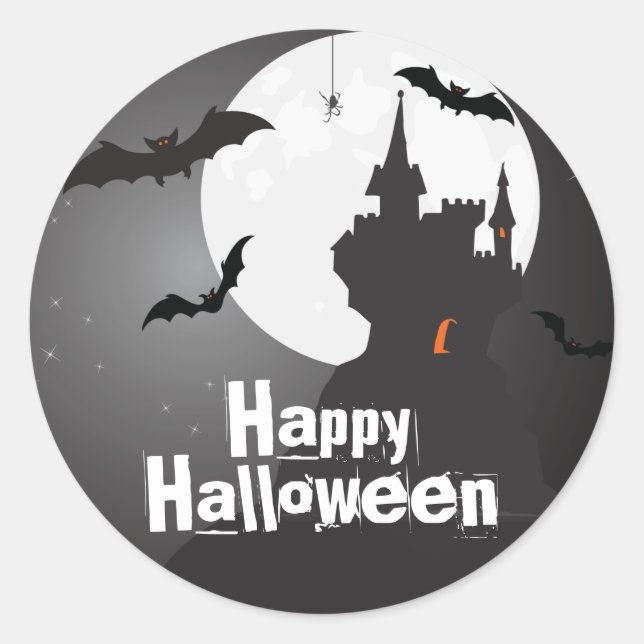 Sticker Rond Château Eerie et chauves-souris Halloween (Devant)