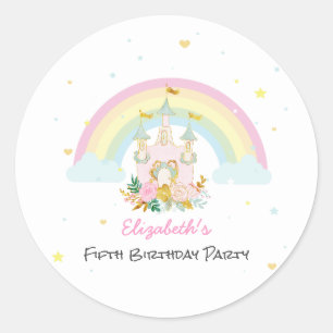 Sticker Rond Château Magique Fleurs Arc-en-ciel Anniversaire