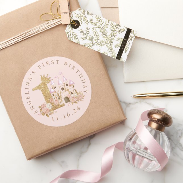 Sticker Rond Château Princesse 1er anniversaire (Cadeaux)
