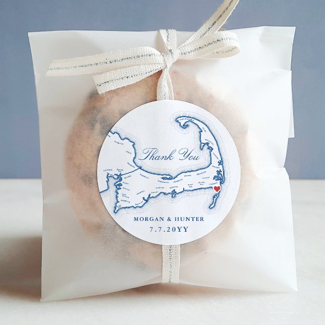 Sticker Rond Chatham Bars Inn Cape Cod Merci Mariage Faveur (Chatham Bars Inn Thank You wedding favor sticker label in elegant navy blue from Coastal Map Designs)