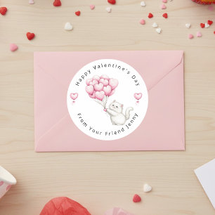 Sticker Rond Chaton blanc Ballons Cœurs Roses Saint-Valentin En