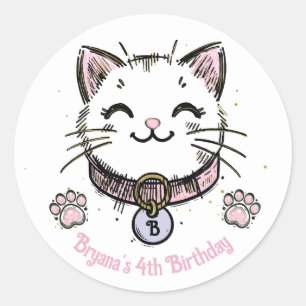 Sticker Rond Chaton Kitty Rose Violet Or Fête d'anniversaire