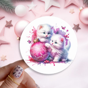 Sticker Rond Chatons blancs doux Noël