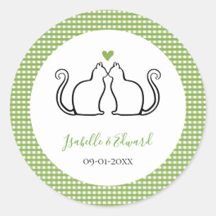 Sticker Rond Chats Amoureux Coeur Vert & Blanc En vichy Noms