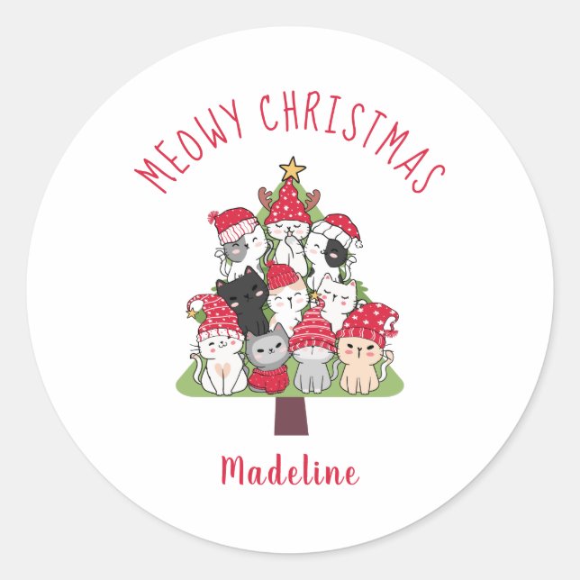 Sticker Rond Chats d'arbre de Noël Meowy (Devant)