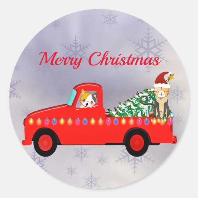 Sticker Rond Chats de Camion Rouge Cute Noël (Devant)