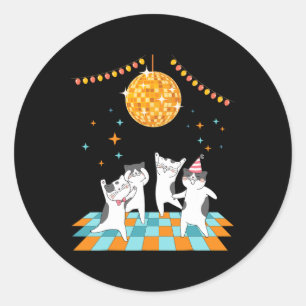Sticker Rond Chats De Fête Dansant Sous Disco Ball