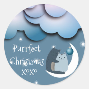 Sticker Rond Chats de Noël sur la Lune