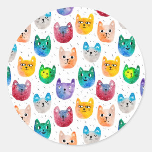 Sticker Rond Chats et amis d'aquarelle