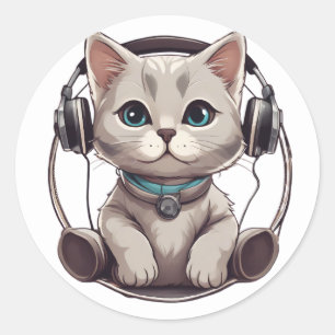 Sticker Rond chats mignons et drôles écoutant de la musique