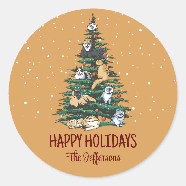 Sticker Rond Chats mignons sur l'arbre de Noël Snowy Vacances d (Devant)