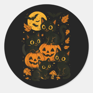 Sticker Rond Chats noirs avec citrouilles lune et chauves-souri