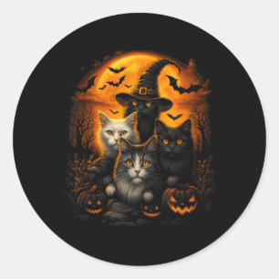 Sticker Rond Chats noirs et blancs d'Halloween avec citrouilles