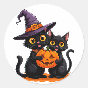 Sticker Rond Chats noirs mignons Sorcière Citrouille Halloween