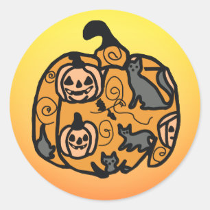 Sticker Rond Chats noirs rétro et rêves de citrouille