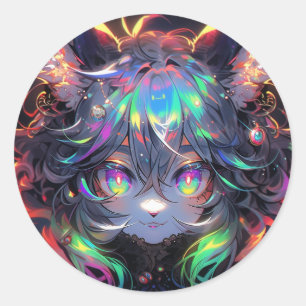 Sticker Rond Chatte arc-en-ciel adorable furry anime