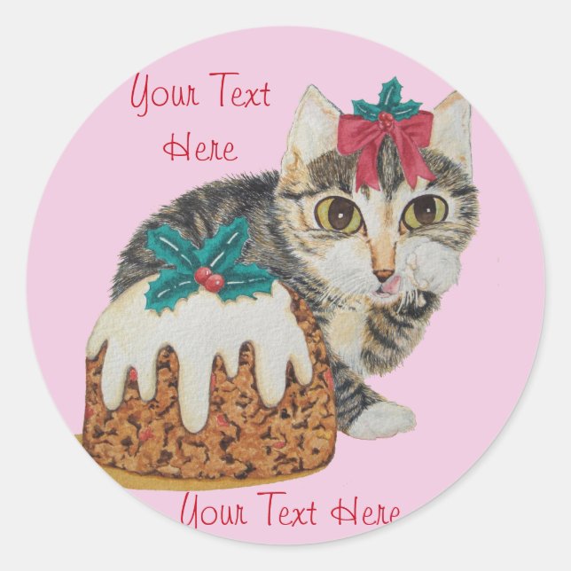 Sticker Rond chatte chatte grise tabby chat avec arc rouge noël (Devant)