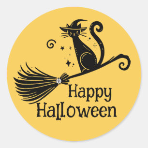 Sticker Rond Chatte sorcière noire sur balai d'Halloween