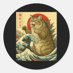 Sticker Rond Chatzilla Chat Sibérien Art Japonais Cadeaux Drôle