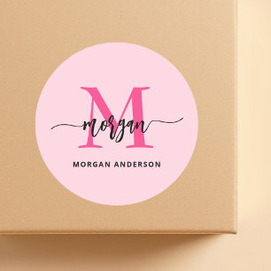 Sticker Rond Chaud rose moderne Script Girl Monogramme Nom