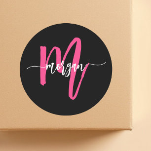 Sticker Rond Chaud rose noir moderne Script Girl Monogramme Nom
