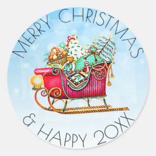 Sticker Rond Chaussée vintage ou traîneau avec cadeaux et arb