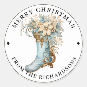 Sticker Rond Chaussette de Noël victorienne élaborée Bleu Joyeu