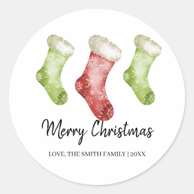 Sticker Rond Chaussettes de Noël Rouge Vert Joyeux Noël (Devant)