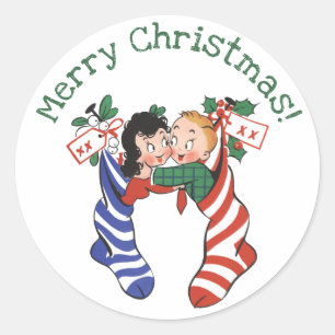 Sticker Rond Chaussettes de Noël vintage avec des enfants migno