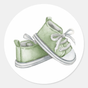 Sticker Rond Chaussons bébé aquarelle verte Baby Shower