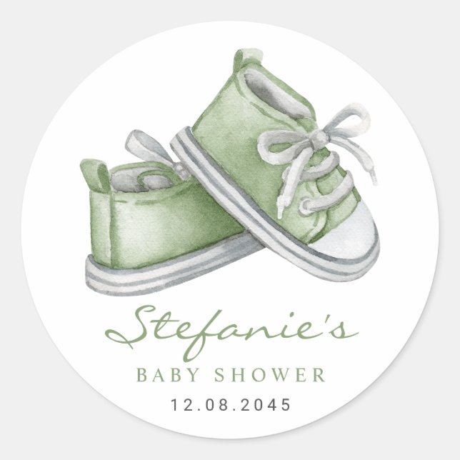 Sticker Rond Chaussons bébé vert aquarelle Baby Shower (Devant)